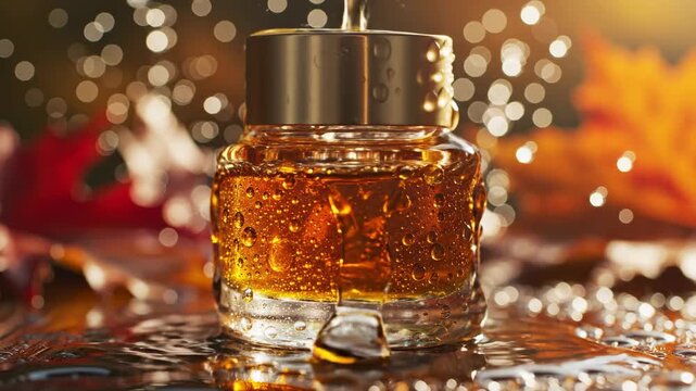 A close-up shot of a glass jar, golden liquid dripping, with water droplets. Bokeh background