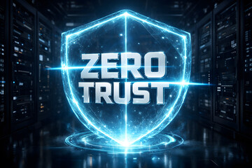Fototapeta premium Chrome 3D ZERO TRUST Text Encapsulated in Glowing Blue Hexagonal Shield