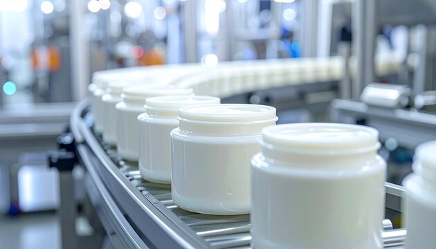 White plastic jars moving along a conveyor belt in a manufacturing facility, symbolizing automation, packaging, and industrial efficiency&hellip;