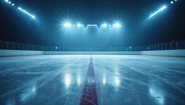 Empty ice rink under bright blue spotlights at night. The illuminated ice surface has red lines and reflects the intense stadium lights, creating a dramatic atmosphere for sports or performances.