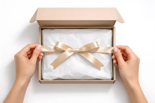Top-Down View Hands Unboxing Premium Minimalist Cardboard Box