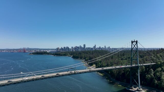 Drone Flyaway from Lions Gate Bridge Toward Downtown Vancouver Skyline, British Columbia Canada
