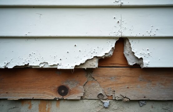 Exterior house wall shows damaged white plastic siding revealing weathered wood cladding beneath. Numerous dents, rough textures mark old building material, indicating wear, tear, requiring repairs.