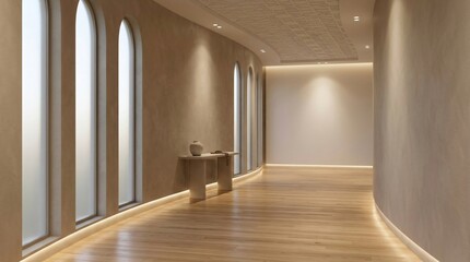 Fototapeta premium Modern hallway with arched windows and ambient lighting