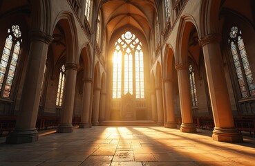 Obraz premium Sunlight streams through arched stained glass windows inside grand cathedral, illuminating stone columns, detailed floor. Vast interior features vaulted ceilings, rows of pews, creating spiritual