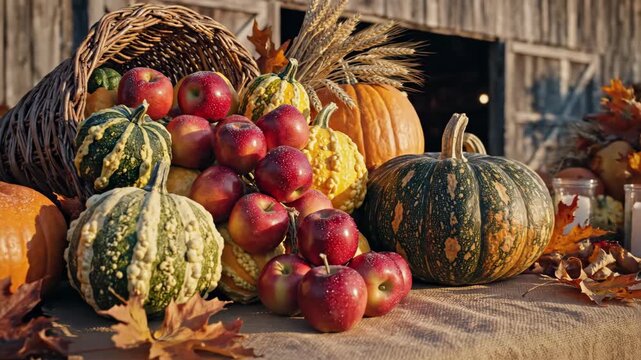 A cornucopia of autumn harvest bounty featuring pumpkins, apples, gourds, and candles