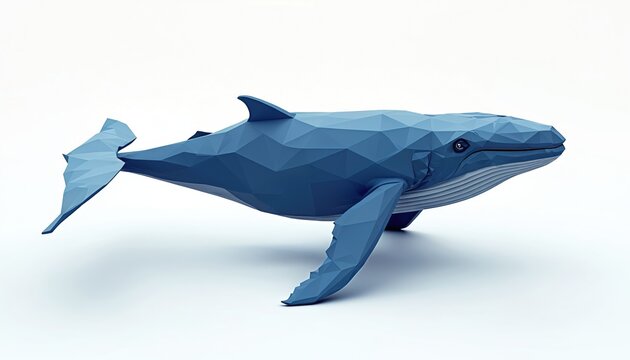 Low poly blue whale art. Geometric whale shape with faceted polygons, clean lines, and simple blue gradient. Modern animal graphic on white.