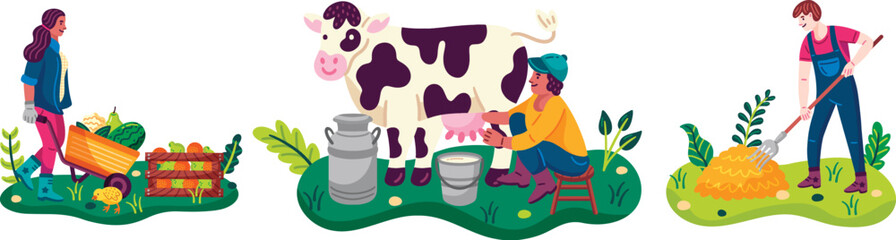 Vibrant flat illustration set of farm workers engaged in milking a cow, transport fresh produce in wheelbarrows, and gathering hay for sustainable livestock care. © Usama Zahoor