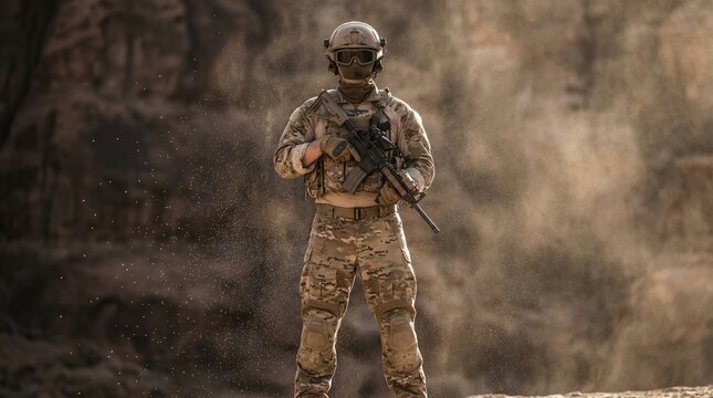 Heavily armed special forces operator in full tactical gear and protective mask stands firm amidst a dust storm in a rugged desert landscape