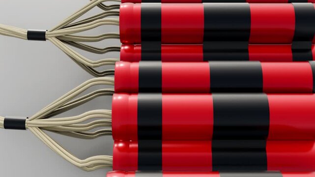 3D animation of bundled red dynamite sticks with black tape and white fuses. Stylized industrial explosives with a clean, cinematic aesthetic and high-contrast colors.