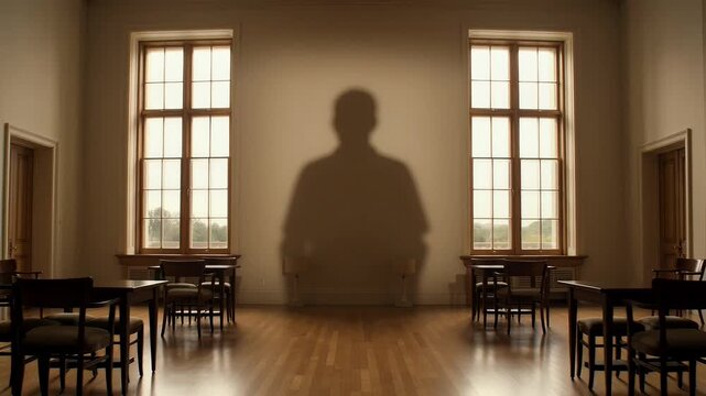 A lone person is sitting in a dimly lit room with multiple chairs and large windows allowing natural light to filter in from outside, viewed from behind.