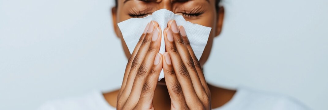 Young black woman blowing her nose into a white tissue, suffering from cold symptoms like sneezing and a runny nose, indicating seasonal allergies or a viral infection