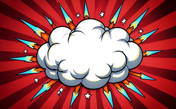 Comic-style explosion cloud with vibrant red rays and lightning bolts.