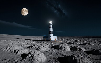 Lighthouse on moonlit, rocky terrain under full moon and starry sky.