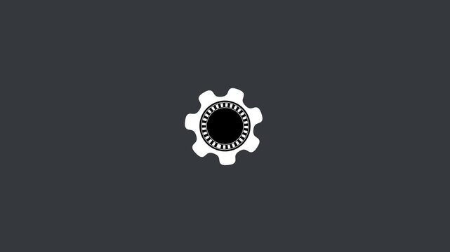 White gear cog icon with black center on a dark gray background wheel mechanism