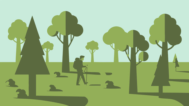 A Man hiking in a park landscape.
