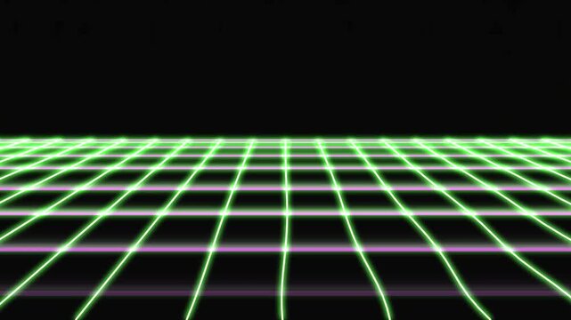 Abstract Retro 80s Neon Green and Purple Grid Pattern Moving in Perspective on a Dark Background, Ideal for Technology, Gaming, or Sci-Fi Themed Projects