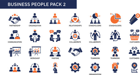 Naklejka premium Two-tone solid icons for business organizational structure stakeholder relationships partnership collaboration teamwork and professional corporate communication features