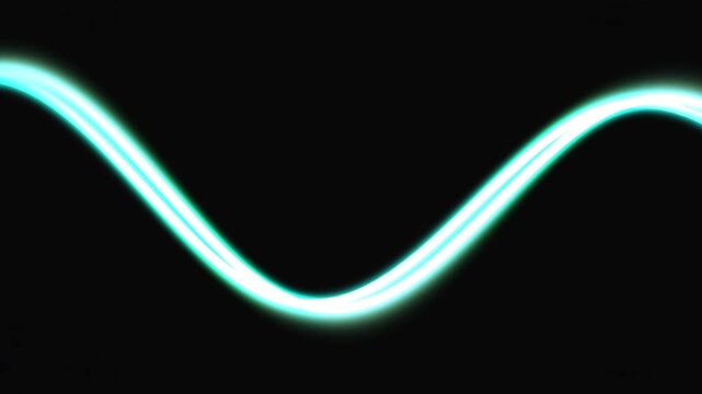 Abstract glowing turquoise blue sine wave light trail moving across a dark black background, representing digital data, sound, or energy flow