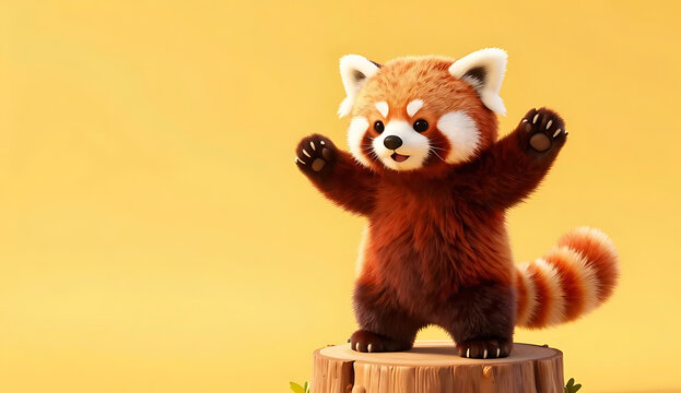 A red panda stands proudly on a green-topped stump against a warm yellow gradient, arms raised in greeting, fluffy fur glowing, with a playful stance filling the frame&rsquo;s right side, 4K and HD