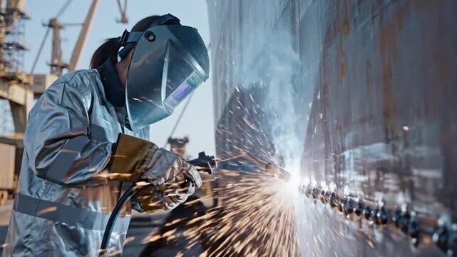 A person wearing protective gear uses a welding tool to work on a large metal structure, creating sparks and showcasing industrial craftsmanship in a shipyard environment with a focus on detail