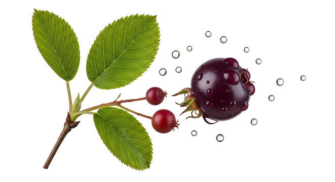 Amelanchier Branch with Fresh Berries and Water Droplets Isolated on White Background