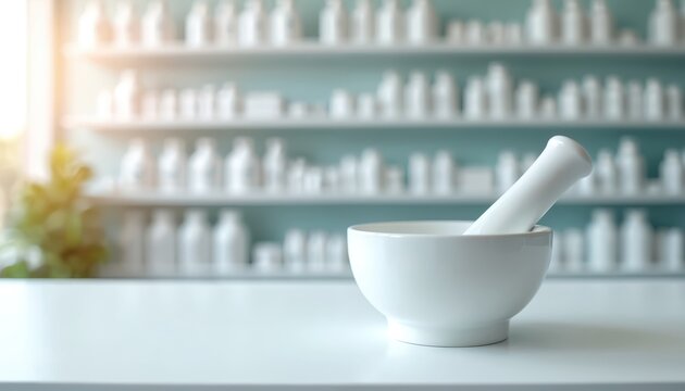 White mortar and pestle sit on pharmacy counter. Shelves hold numerous white bottles of medicine. Clean bright setting implies health care or cosmetic prep.