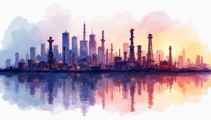 Fototapeta premium City skyline at twilight with industrial oil refinery structures integrated among modern buildings. Calm water reflects cityscape lights and colorful sky. Watercolor artwork style.