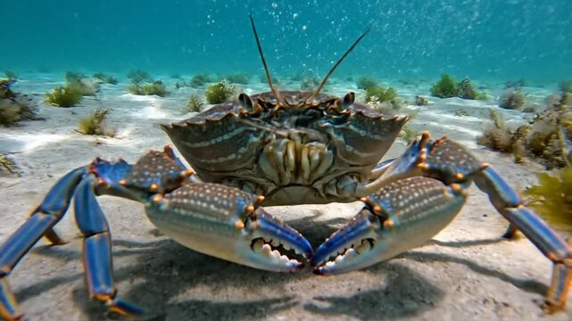 Blue Swimming Crab Underwater on Sandy Seabed.