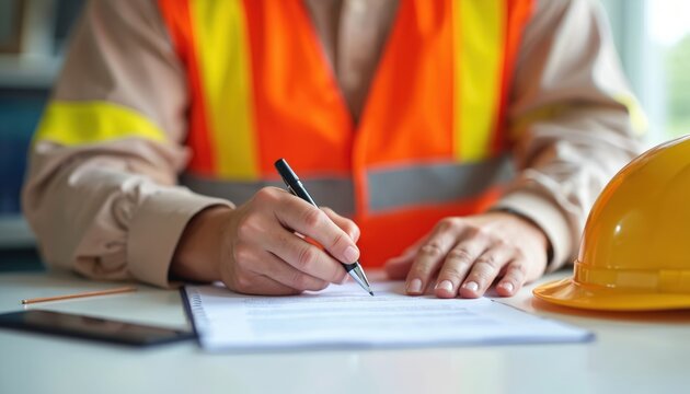 Worker in safety vest and hard hat signs contract on desk. Person fills out paperwork, signs document for work or permit. Blue collar job approval for shift.