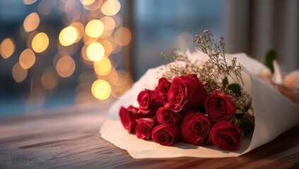 Obraz premium Romantic Red Roses Bouquet on Wooden Table with Bokeh Lights.