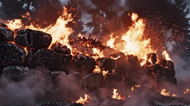 A dramatic depiction of fire engulfing a stone structure, flames dancing against a forest backdrop