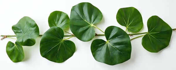 Fototapeta premium Fiddle leaf fig plant branch with vibrant green leaves. Natural botanical foliage detail isolated on clean white background. Organic plant elements for decor.