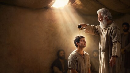 Naklejka premium 선지자 사무엘이 젊은 다윗의 머리에 기름을 부으며 신성한 예언과 운명을 전하는 경건한 의식 장면