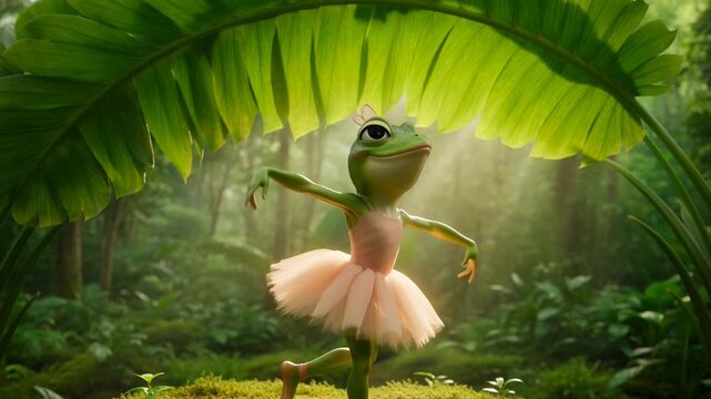 Elegant frog ballet dancer performing in lush tropical rainforest with sunlight filtering through large green leaves