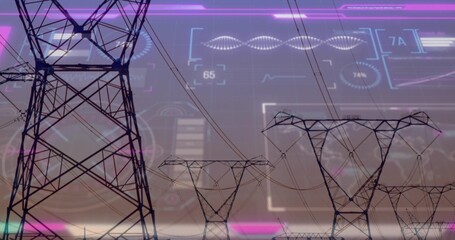 Dominating steel lattice transmission towers with overhead cables at dusk, neon HUD overlays