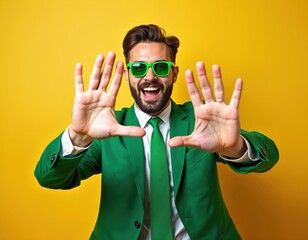 Naklejka premium Man in green suit and sunglasses makes frame with hands. Cheerful guy smiles against yellow background. Studio portrait with bright, dynamic pose and playful, optimistic mood. High energy.