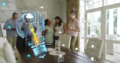Meeting multi-gen group in casual wear sharing ideas at home dining table, projecting AR lightbulb
