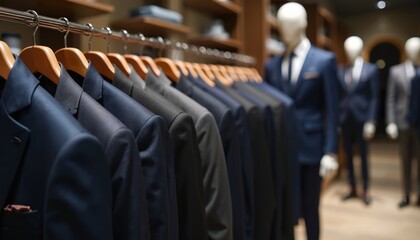 Fototapeta premium Row of mens suits hang on rack in clothing store. Tailored jackets in various colors like navy and grey displayed on hangers. Mannequins wear suits in background of shop.