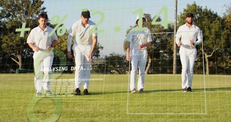 Walking four cricketers in white uniforms moving across cricket ground, showing HUD overlays © vectorfusionart
