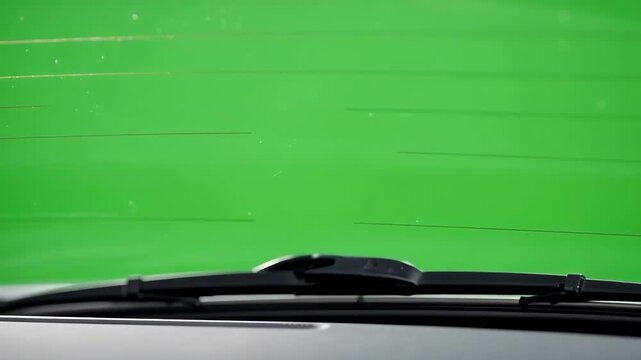 Close-up of Car Windshield Wiper Moving on Green Screen Chroma Key