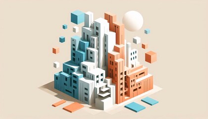 Isometric abstract cityscape with geometric blocks in orange and blue, modern architectural concept