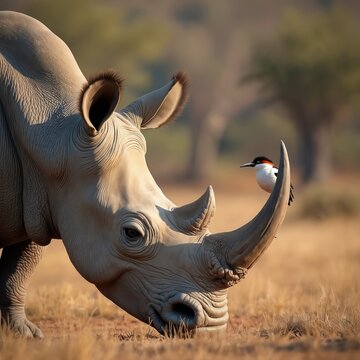 White rhinoceros grazes on dry grass savanna with small bird perched on its horn. This symbiotic duo appears in African wilderness, highlighting natural coexistence.