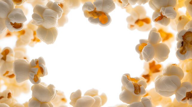 Popcorn kernels arranged in a circular frame against a bright background