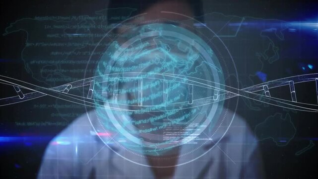 Researcher leaning reaching finger activating globe and helix forming rungs aligning showing genome