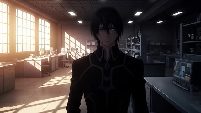 Anime man stands in a scientific office with rows of lab benches and equipment