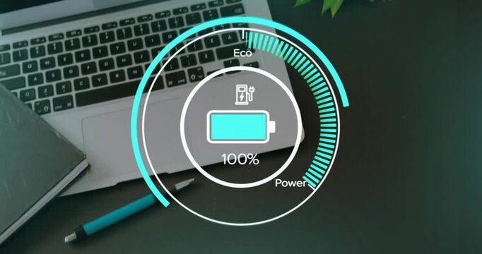 Charging plug appearing, circular battery HUD filling to 100% then draining, showing Eco or Power ta