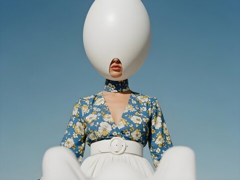 A woman with a white egg head and floral blouse poses in surreal fashion against a bright blue sky, creating a mysterious look.