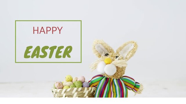 Green HAPPY EASTER box appearing, straw bunny standing by basket, eggs tinting, sending spring joy