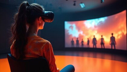 Obraz premium Girl wears VR headset watching immersive screen with silhouettes. Futuristic tech experience in modern entertainment space. Virtual reality simulation for education or gaming.